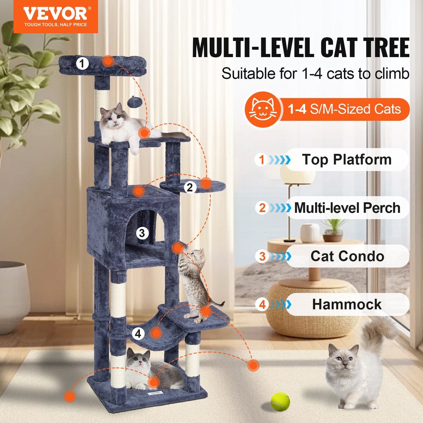 Deluxe 1.54m Cat Tower with Condo & Sisal Scratching Post - Dark Grey