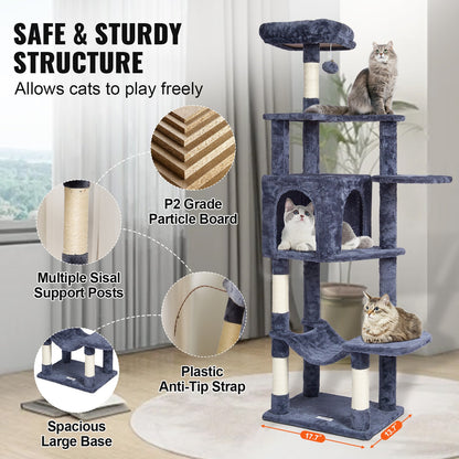 VEVOR Cat Tree 154 cm Cat Tower with Cat Condo Sisal Scratching Post Dark Grey