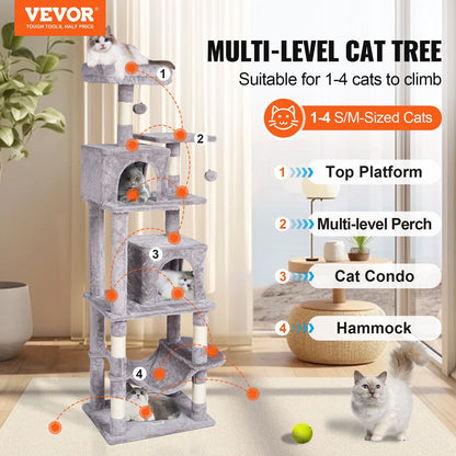160 cm Light Grey Cat Tree Tower with Dual Condos and Scratching Post