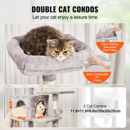 160 cm Light Grey Cat Tree Tower with Dual Condos and Scratching Post