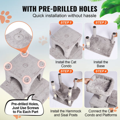 160 cm Light Grey Cat Tree Tower with Dual Condos and Scratching Post