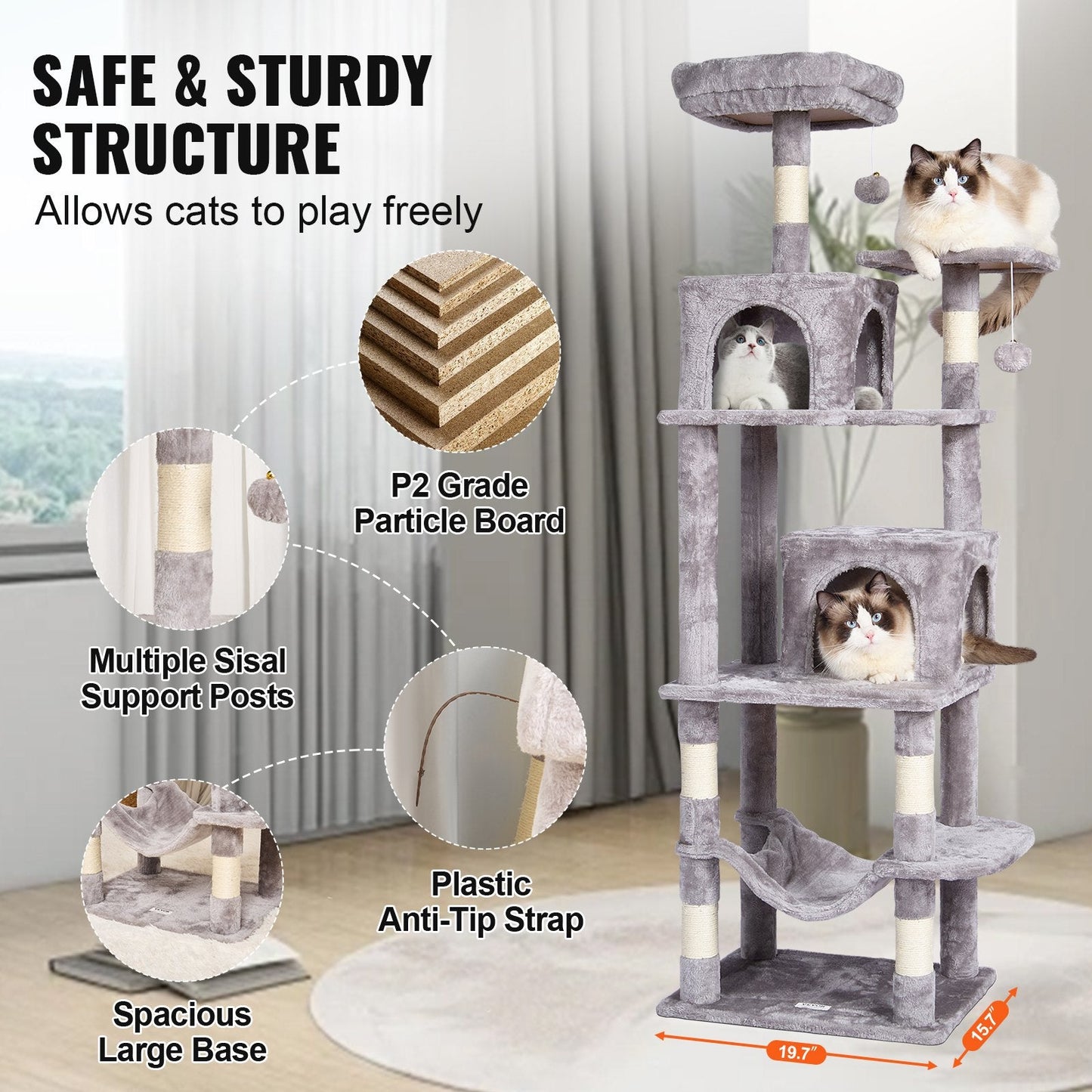 160 cm Light Grey Cat Tree Tower with Dual Condos and Scratching Post