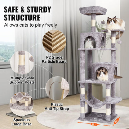 160 cm Light Grey Cat Tree Tower with Dual Condos and Scratching Post