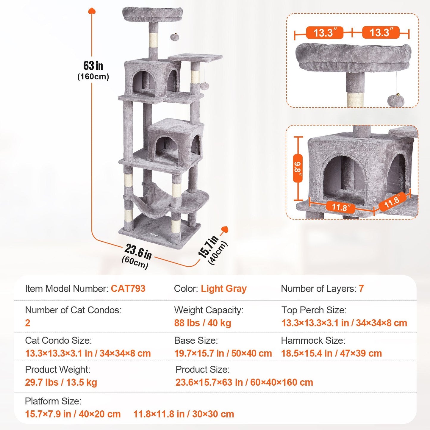 160 cm Light Grey Cat Tree Tower with Dual Condos and Scratching Post