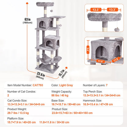 160 cm Light Grey Cat Tree Tower with Dual Condos and Scratching Post