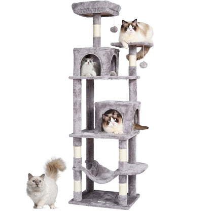 160 cm Light Grey Cat Tree Tower with Dual Condos and Scratching Post