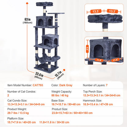 Cat Tree 160 cm Cat Tower with 2 Cat Condos Scratching Post Light Grey