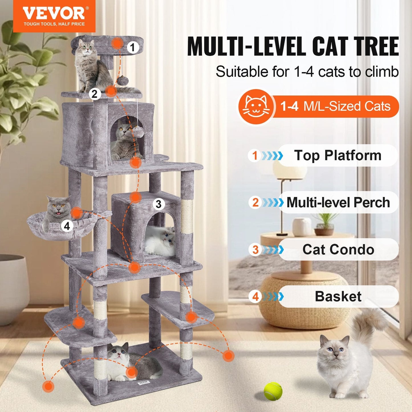174 cm Light Grey Cat Tower with Condos and Sisal Scratching Posts