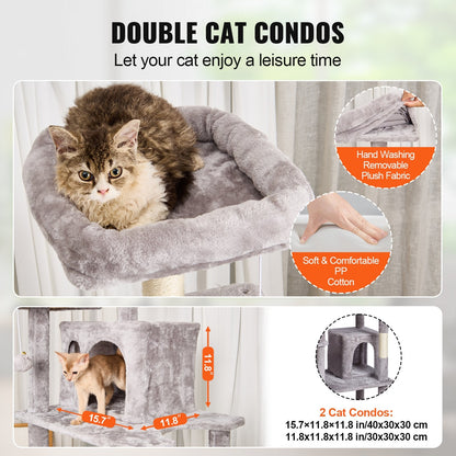 174 cm Light Grey Cat Tower with Condos and Sisal Scratching Posts