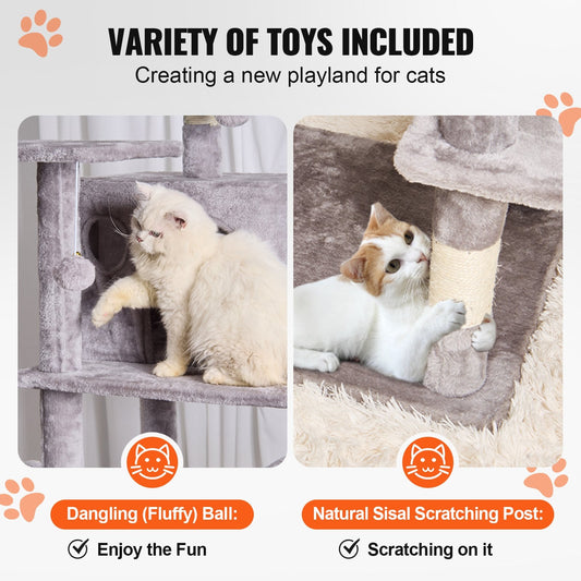 174 cm Light Grey Cat Tower with Condos and Sisal Scratching Posts