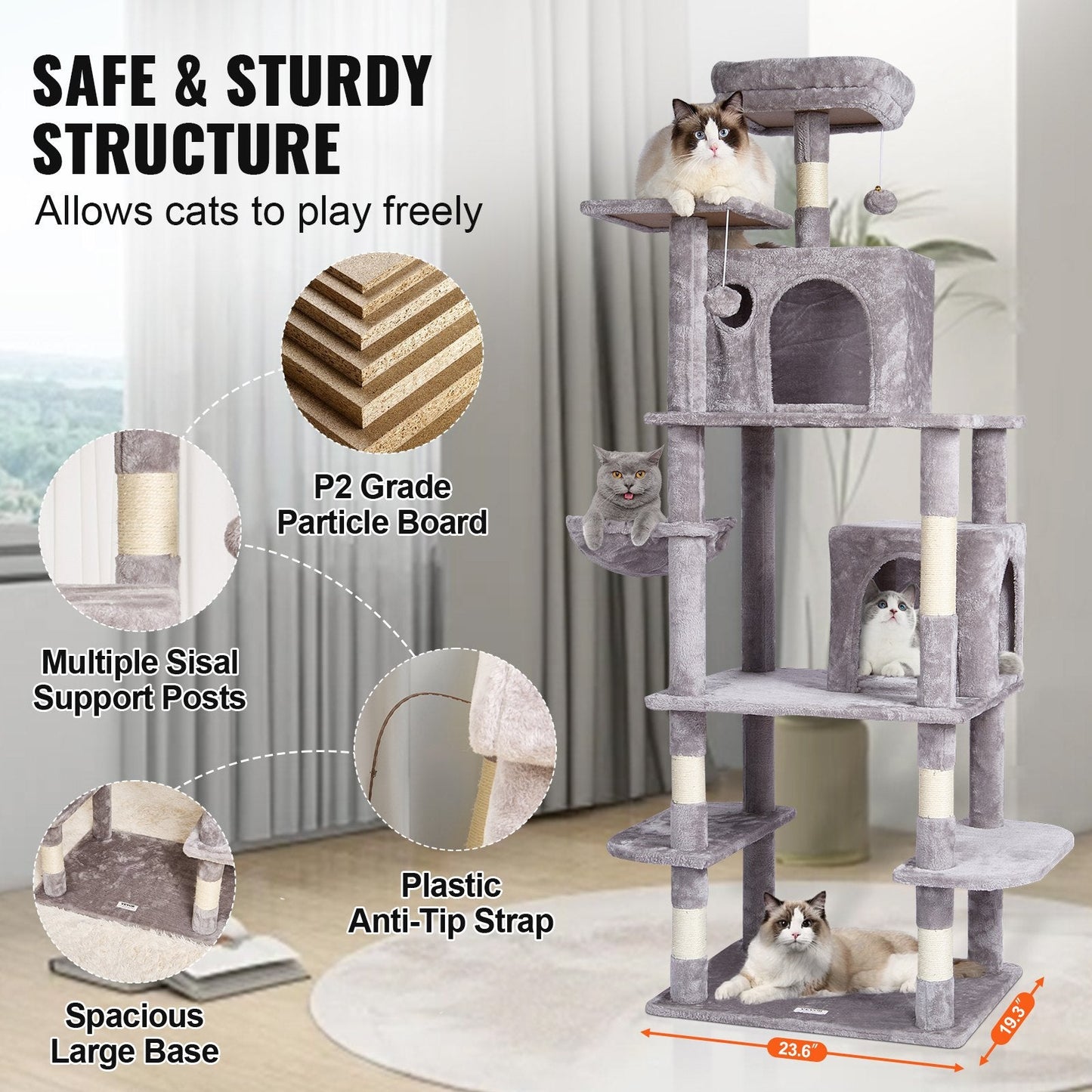 174 cm Light Grey Cat Tower with Condos and Sisal Scratching Posts