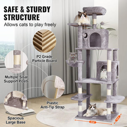 174 cm Light Grey Cat Tower with Condos and Sisal Scratching Posts