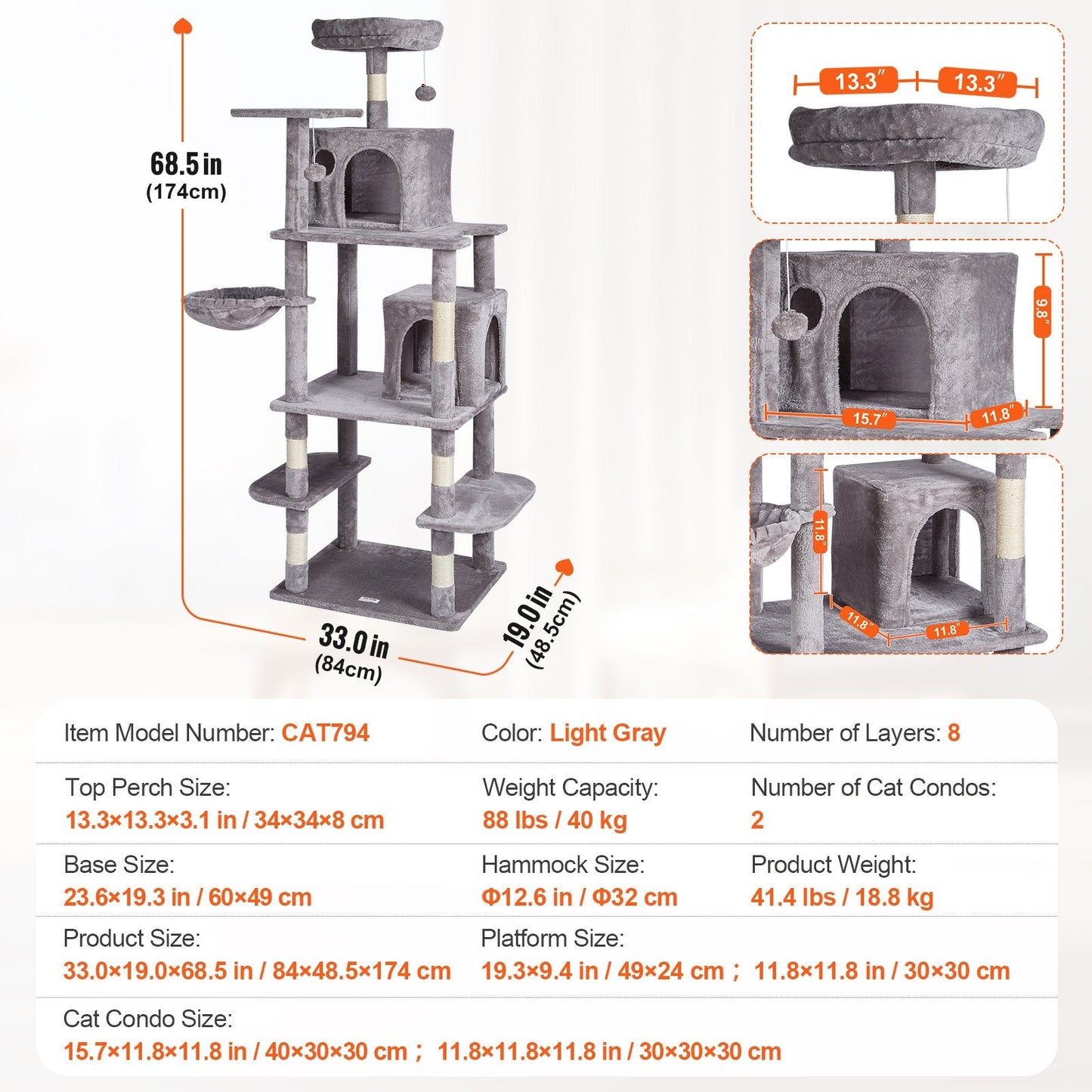 174 cm Light Grey Cat Tower with Condos and Sisal Scratching Posts
