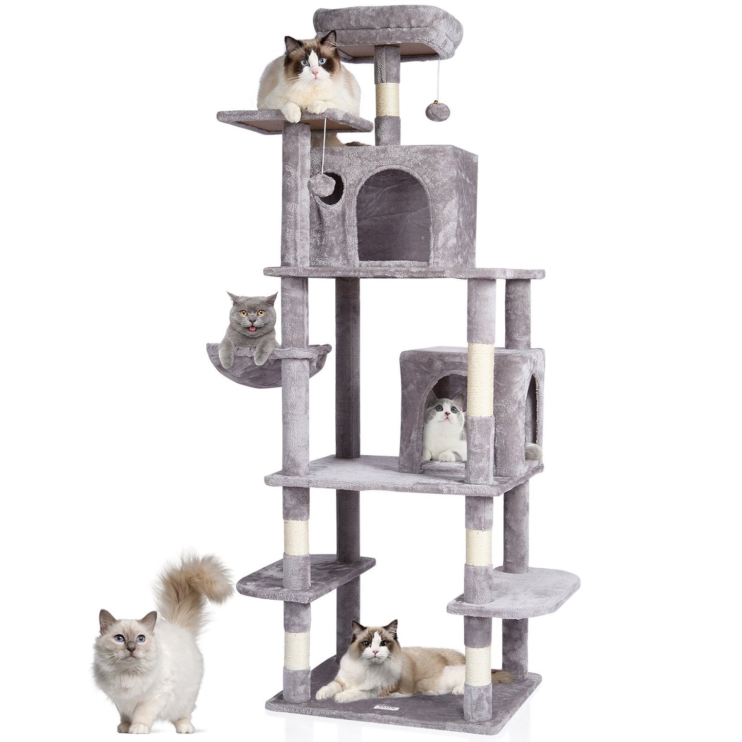 174 cm Light Grey Cat Tower with Condos and Sisal Scratching Posts