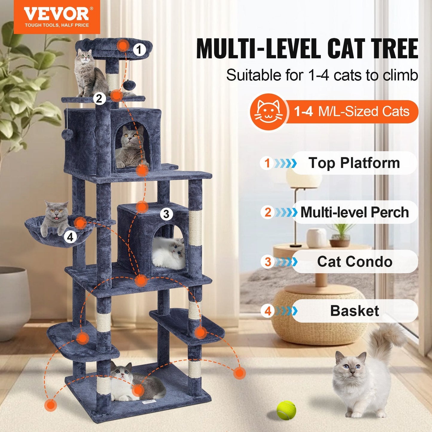 Multi-Level Cat Tree with Condos & Sisal Posts, 174 cm, Dark Grey