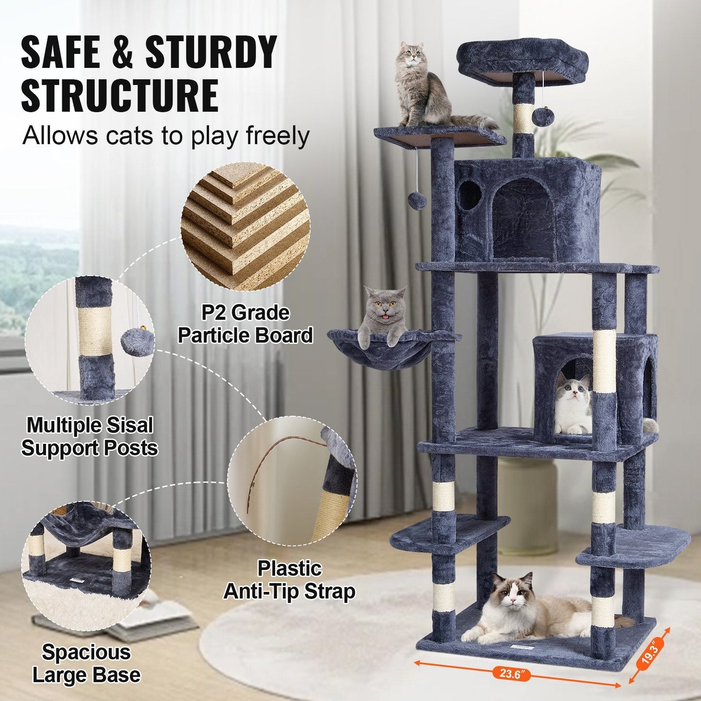 Multi-Level Cat Tree with Condos & Sisal Posts, 174 cm, Dark Grey