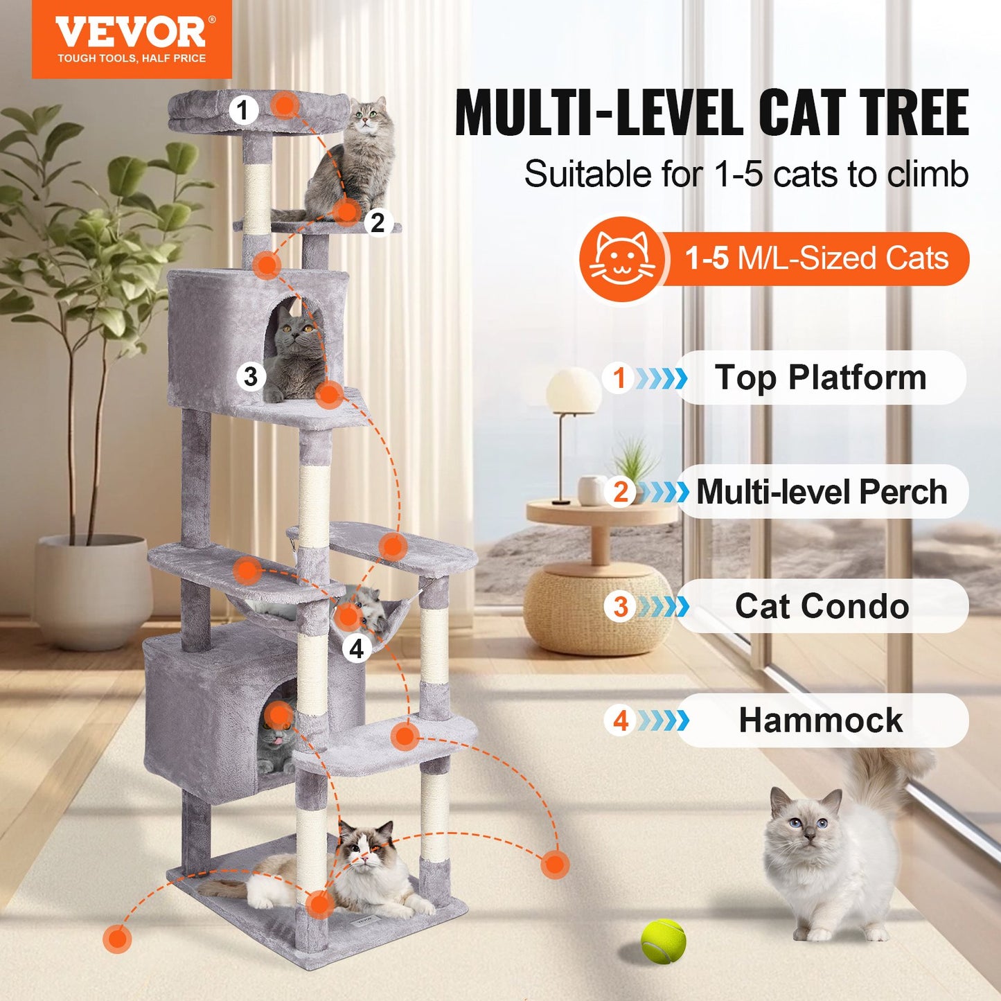 VEVOR Cat Tree 183 cm Cat Tower with 2 Cat Condos Scratching Post Light Grey