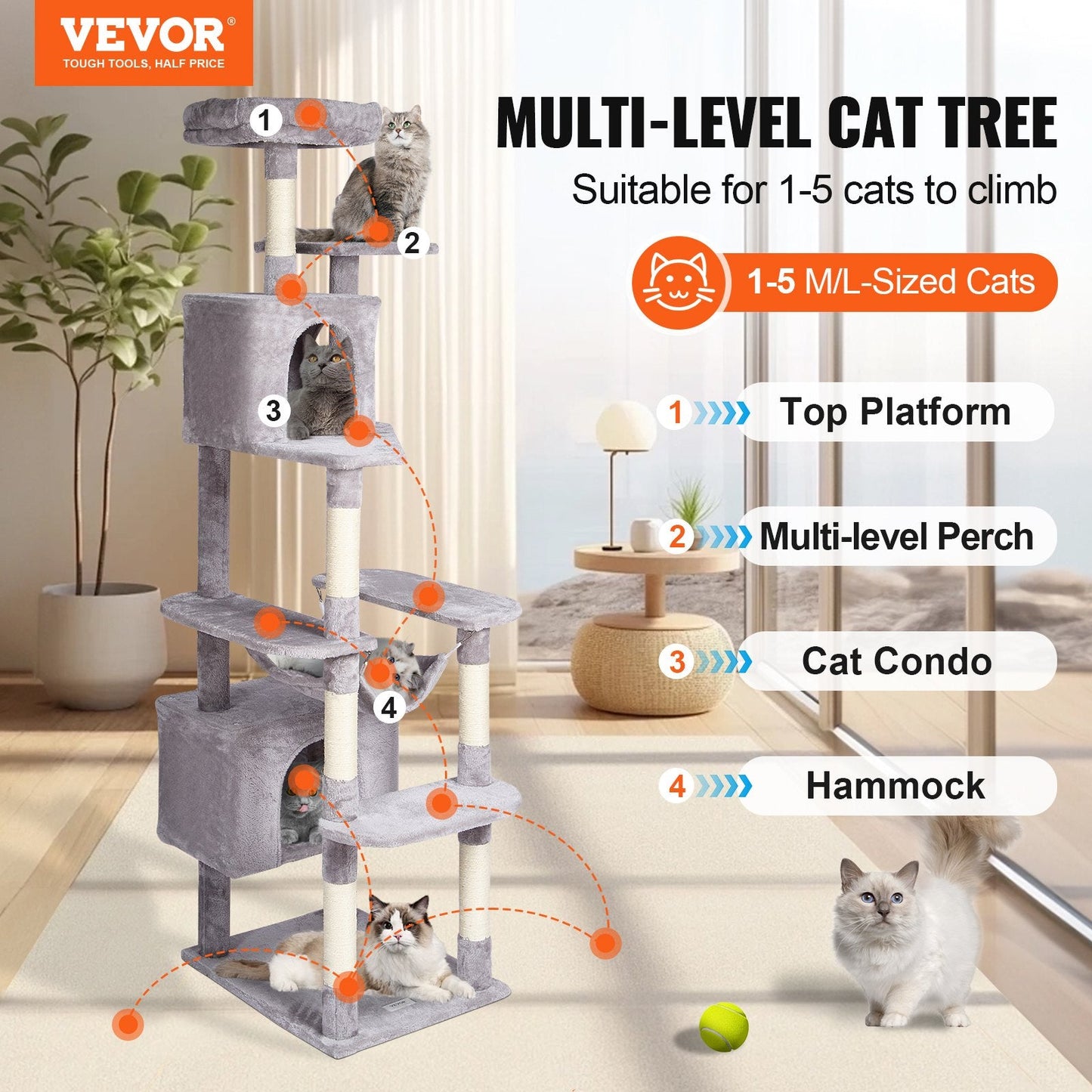 183 cm Cat Tower with 2 Condos and Scratching Post, Light Grey