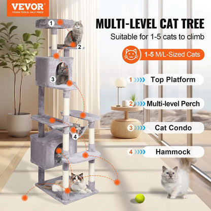 183 cm Cat Tower with 2 Condos and Scratching Post, Light Grey
