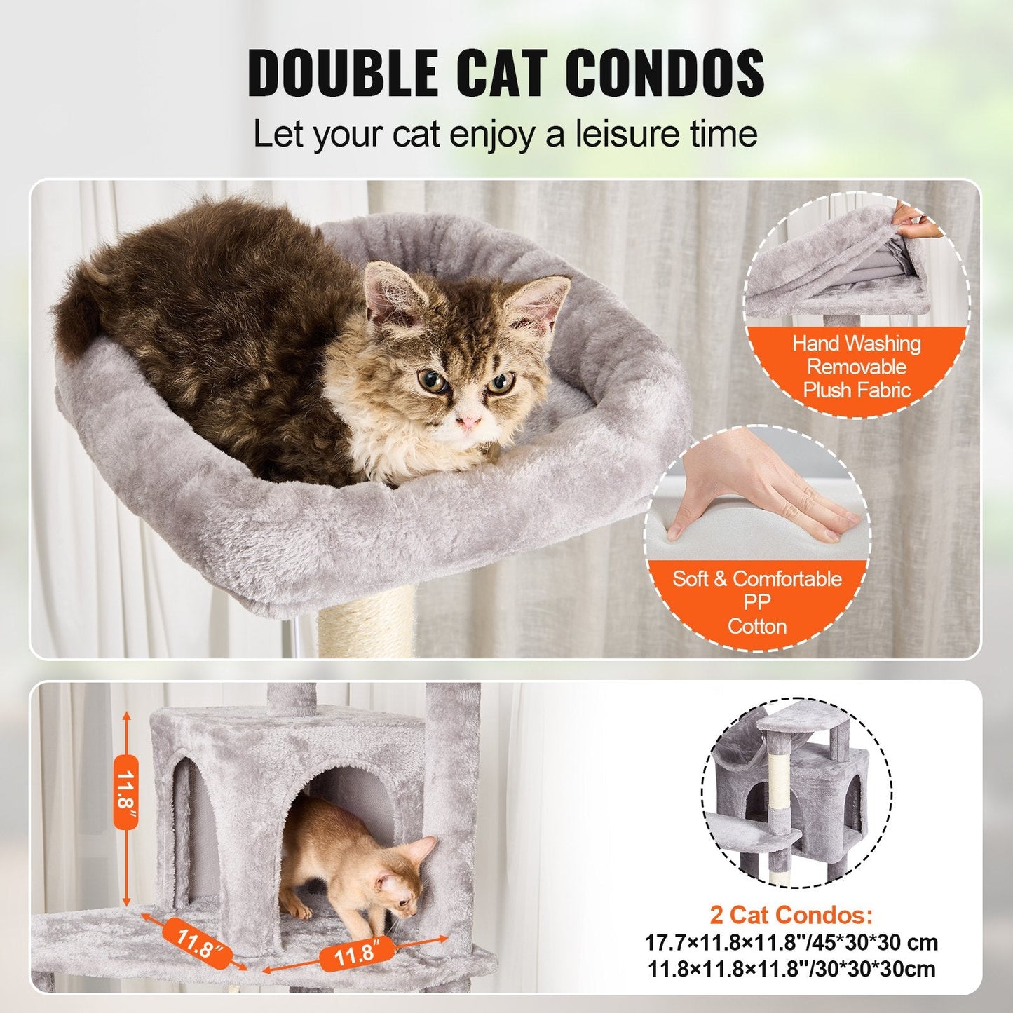 183 cm Cat Tower with 2 Condos and Scratching Post, Light Grey