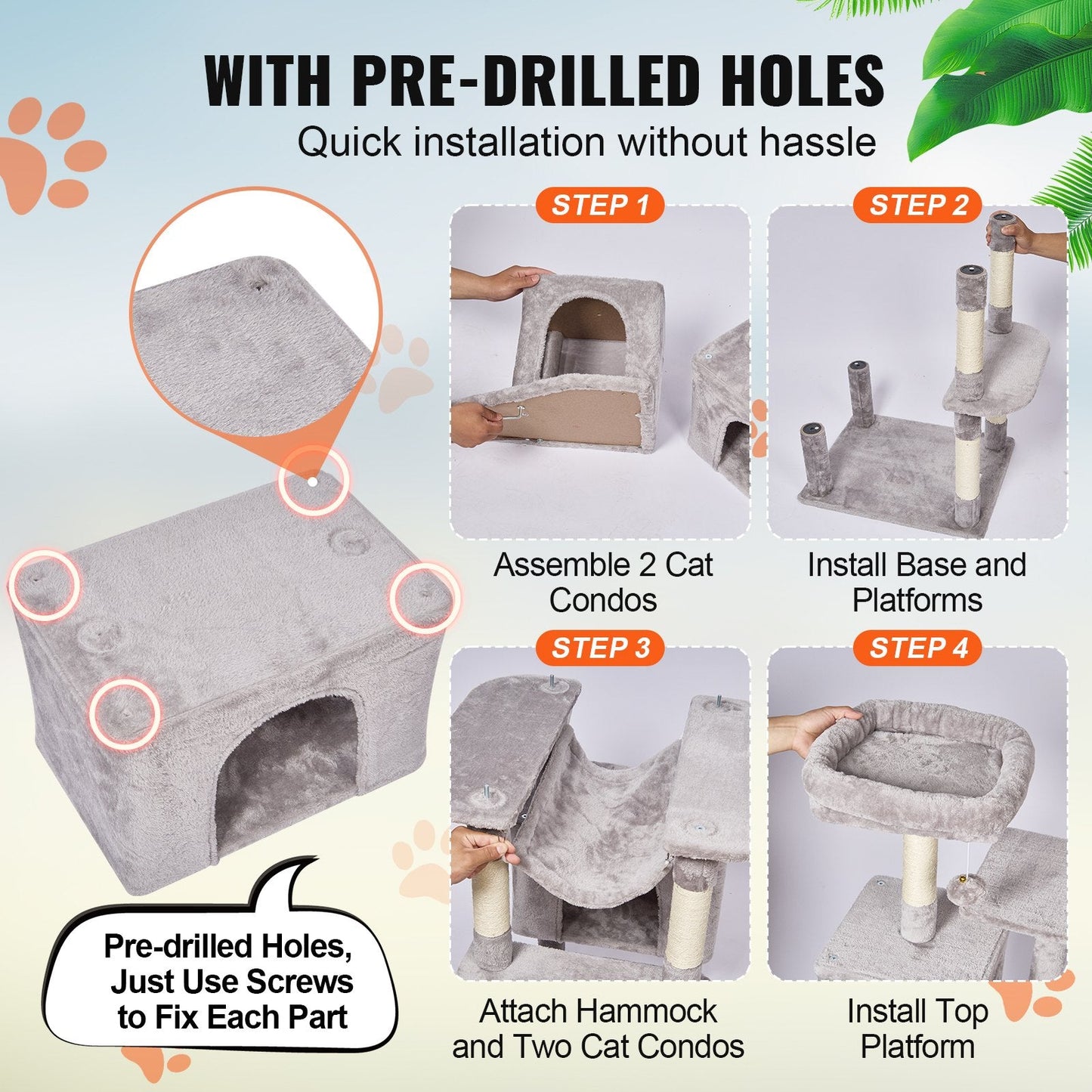 183 cm Cat Tower with 2 Condos and Scratching Post, Light Grey
