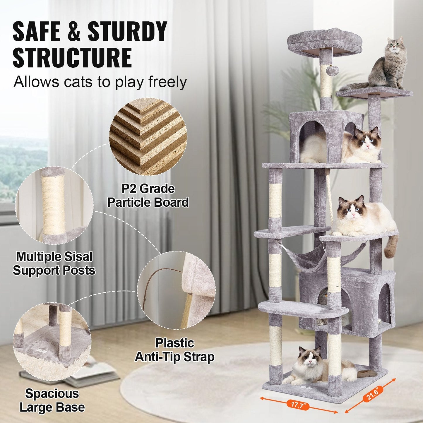 183 cm Cat Tower with 2 Condos and Scratching Post, Light Grey