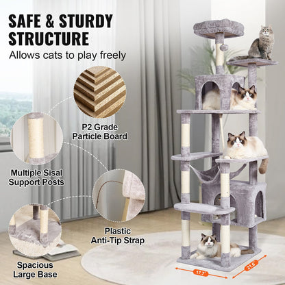 183 cm Cat Tower with 2 Condos and Scratching Post, Light Grey