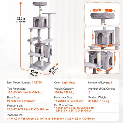 183 cm Cat Tower with 2 Condos and Scratching Post, Light Grey