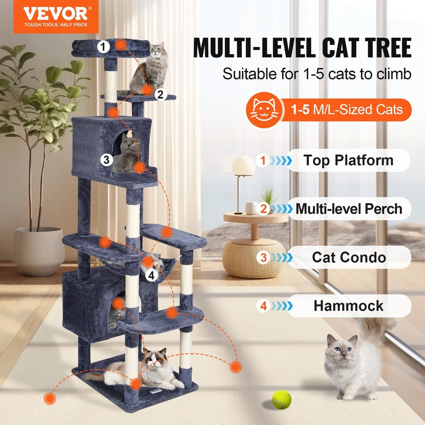 183cm Cat Tower with Condos and Sisal Posts in Dark Grey