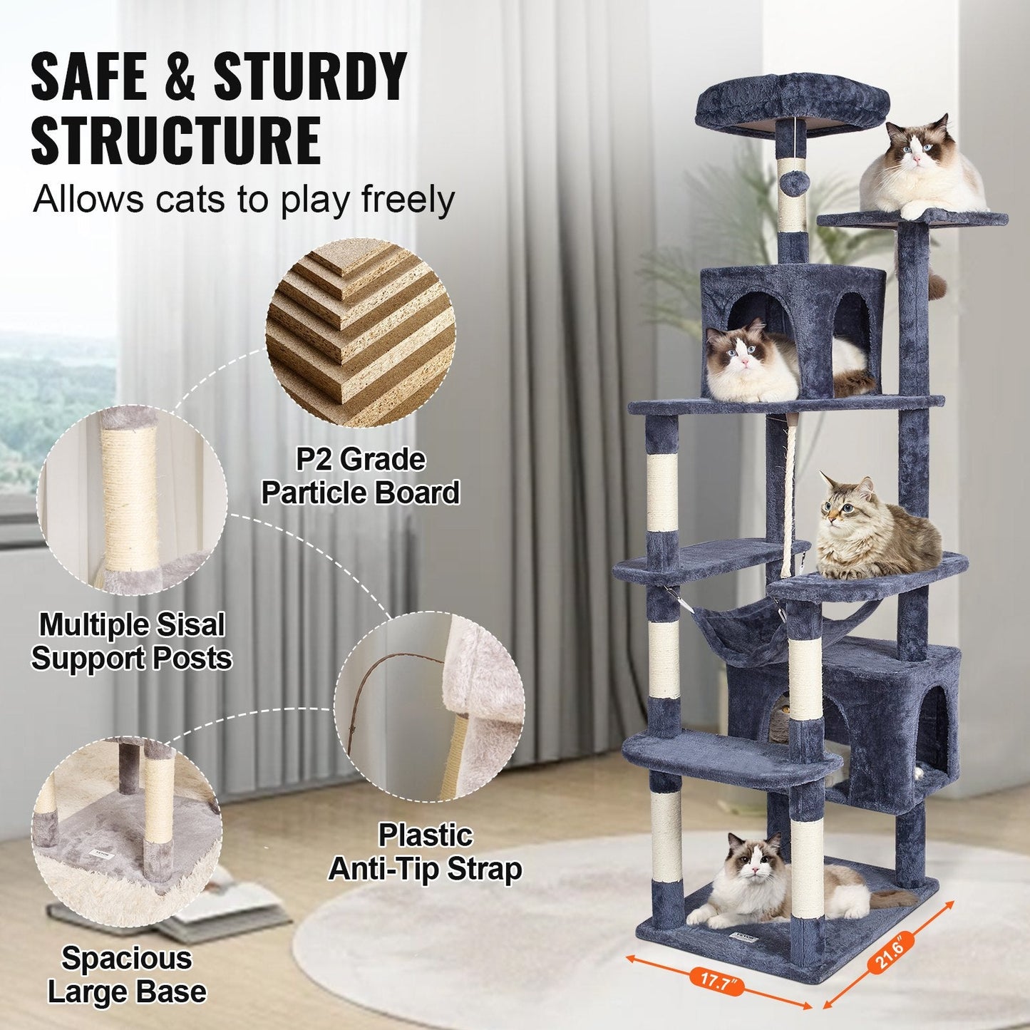 183cm Cat Tower with Condos and Sisal Posts in Dark Grey
