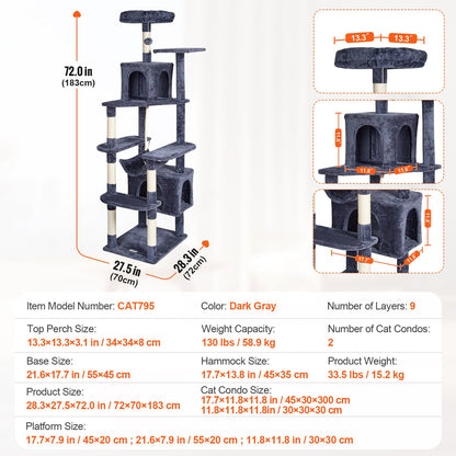 VEVOR Cat Tree 183cm Cat Tower with 2 Cat Condos Sisal Scratching Post Dark Grey