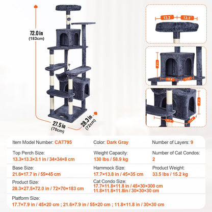 183cm Cat Tower with Condos and Sisal Posts in Dark Grey