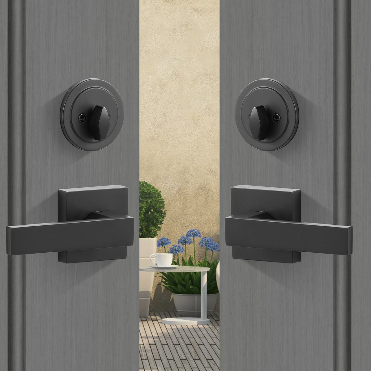 Double Door Handle Set, Matte Black Square Door Lever, Double Front Door Handle Set with Reversible Handle Lever, Heavy Duty Double Door Lock Set with Dummy, for Office Door or Front Door