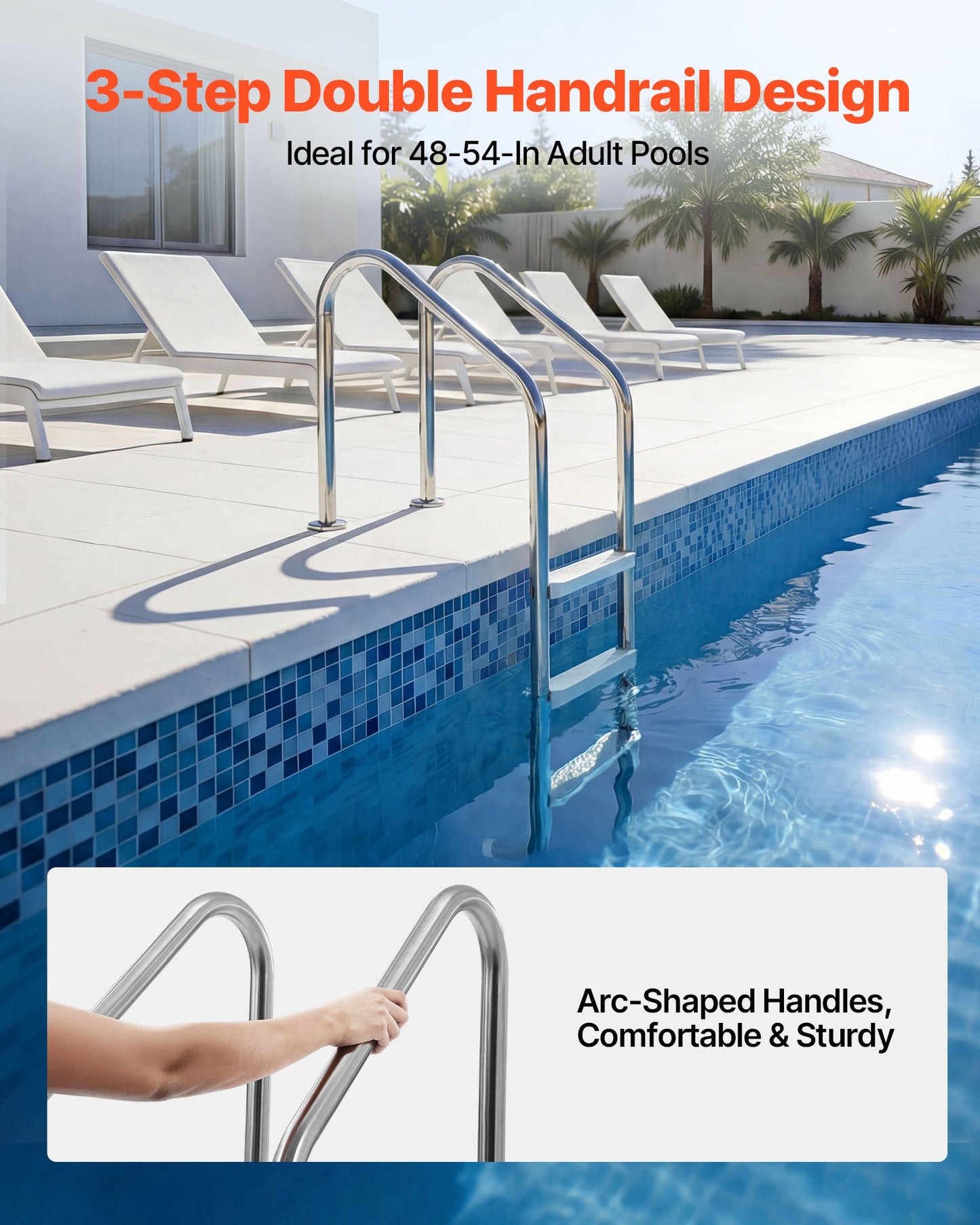 Swimming Pool Ladder, 3-Step Stairs with Double Handrails, Non-slip Heavy Duty Wide Steps, Stainless Steel Frame, 120 kg Capacity for 121.9-137.2 cm Inground Pools Entry/Exits, Indoor & Outdoor