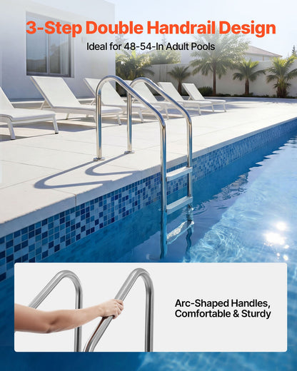 Swimming Pool Ladder, 3-Step Stairs with Double Handrails, Non-slip Heavy Duty Wide Steps, Stainless Steel Frame, 120 kg Capacity for 121.9-137.2 cm Inground Pools Entry/Exits, Indoor & Outdoor