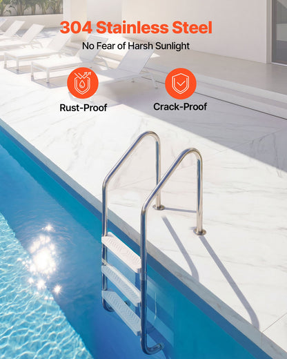 Swimming Pool Ladder, 3-Step Stairs with Double Handrails, Non-slip Heavy Duty Wide Steps, Stainless Steel Frame, 120 kg Capacity for 121.9-137.2 cm Inground Pools Entry/Exits, Indoor & Outdoor