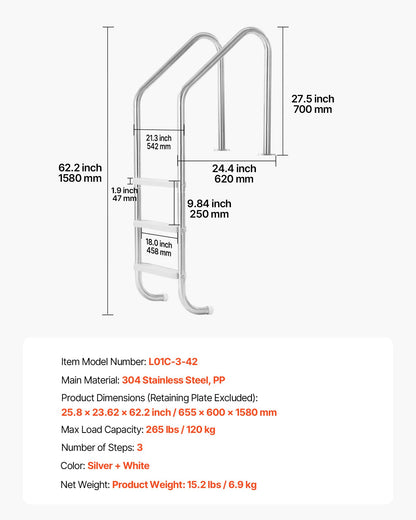Swimming Pool Ladder, 3-Step Stairs with Double Handrails, Non-slip Heavy Duty Wide Steps, Stainless Steel Frame, 120 kg Capacity for 121.9-137.2 cm Inground Pools Entry/Exits, Indoor & Outdoor