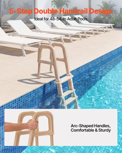 Swimming Pool Ladder, Inclined 5-Step Double Handrails Stair, Non-slip Wide Step, 136 kg Load Capacity, for 121.9-137.2 cm Inground & Above-ground Pools, Any Deck Surface, Indoor & Outdoor, Taupe