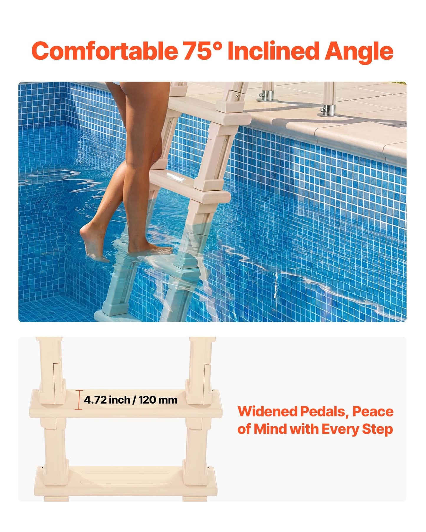 Swimming Pool Ladder, Inclined 5-Step Double Handrails Stair, Non-slip Wide Step, 136 kg Load Capacity, for 121.9-137.2 cm Inground & Above-ground Pools, Any Deck Surface, Indoor & Outdoor, Taupe