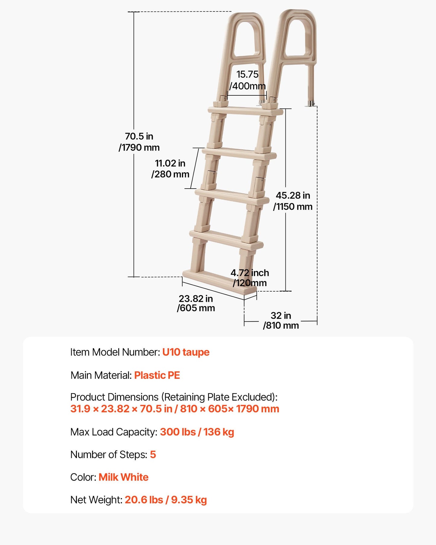 Swimming Pool Ladder, Inclined 5-Step Double Handrails Stair, Non-slip Wide Step, 136 kg Load Capacity, for 121.9-137.2 cm Inground & Above-ground Pools, Any Deck Surface, Indoor & Outdoor, Taupe