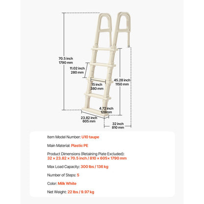 VEVOR 5-Step Inclined Robust Pool Ladder of 2 Handrails for 1219.2-1371.6mm Pool