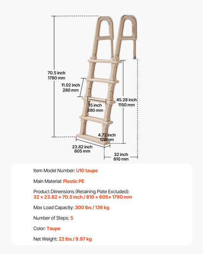 VEVOR 5-Step Inclined Robust Pool Ladder of 2 Handrails for 1219.2-1371.6mm Pool