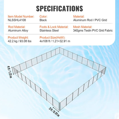 Removable 1.21x32.91m Pool Fence for Inground Pools - Black Teslin PVC Mesh