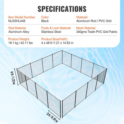 Removable 1.21 x 14.63m Child Safety Pool Fence for Inground Pools, Black Mesh