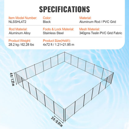 VEVOR Pool Fence, 4 x 72 FT Pool Fences for Inground Pools, Removable Child Safety