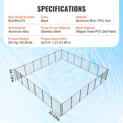 Removable Child Safety Pool Fence, 1.21 x 21.95m, Black Teslin Mesh, Easy Install