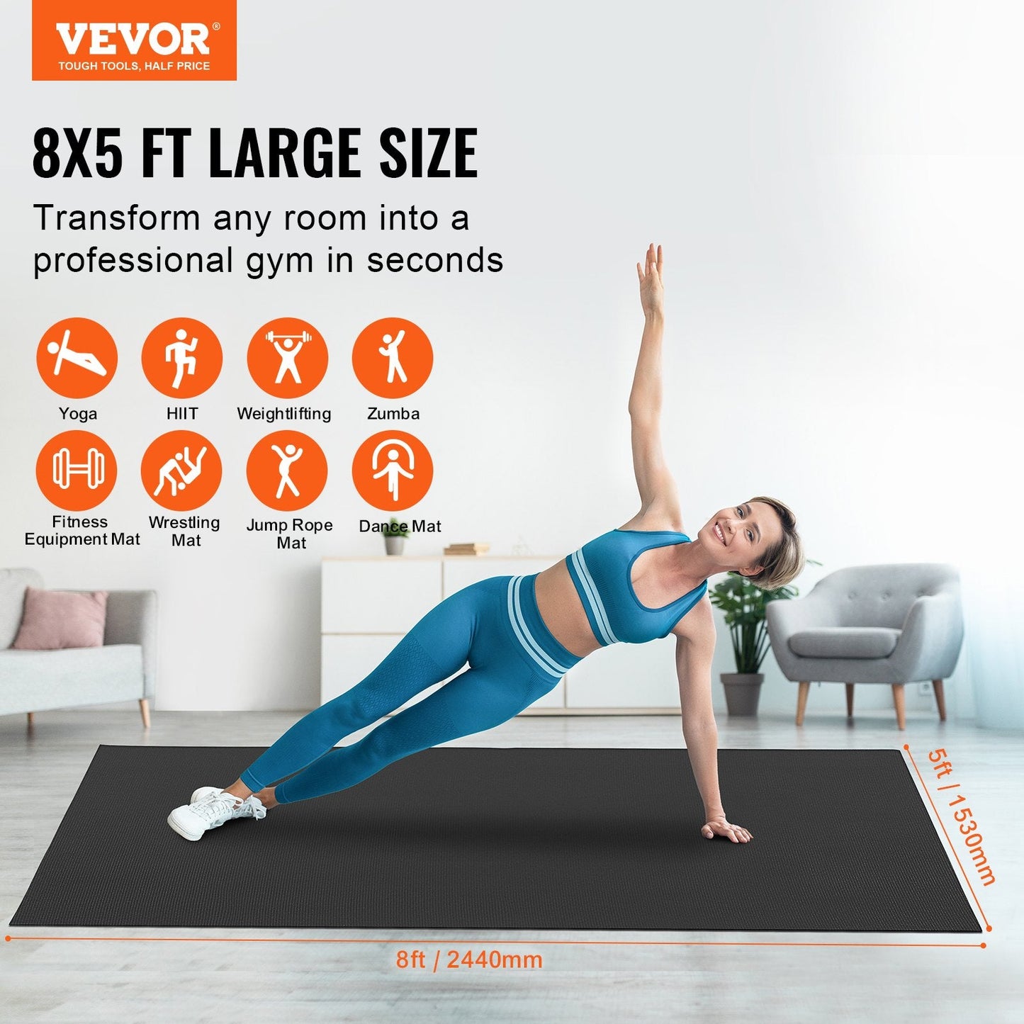 Large Non-Slip Yoga & Exercise Mat - 2.44x1.53m, with Bag & Carry Strap