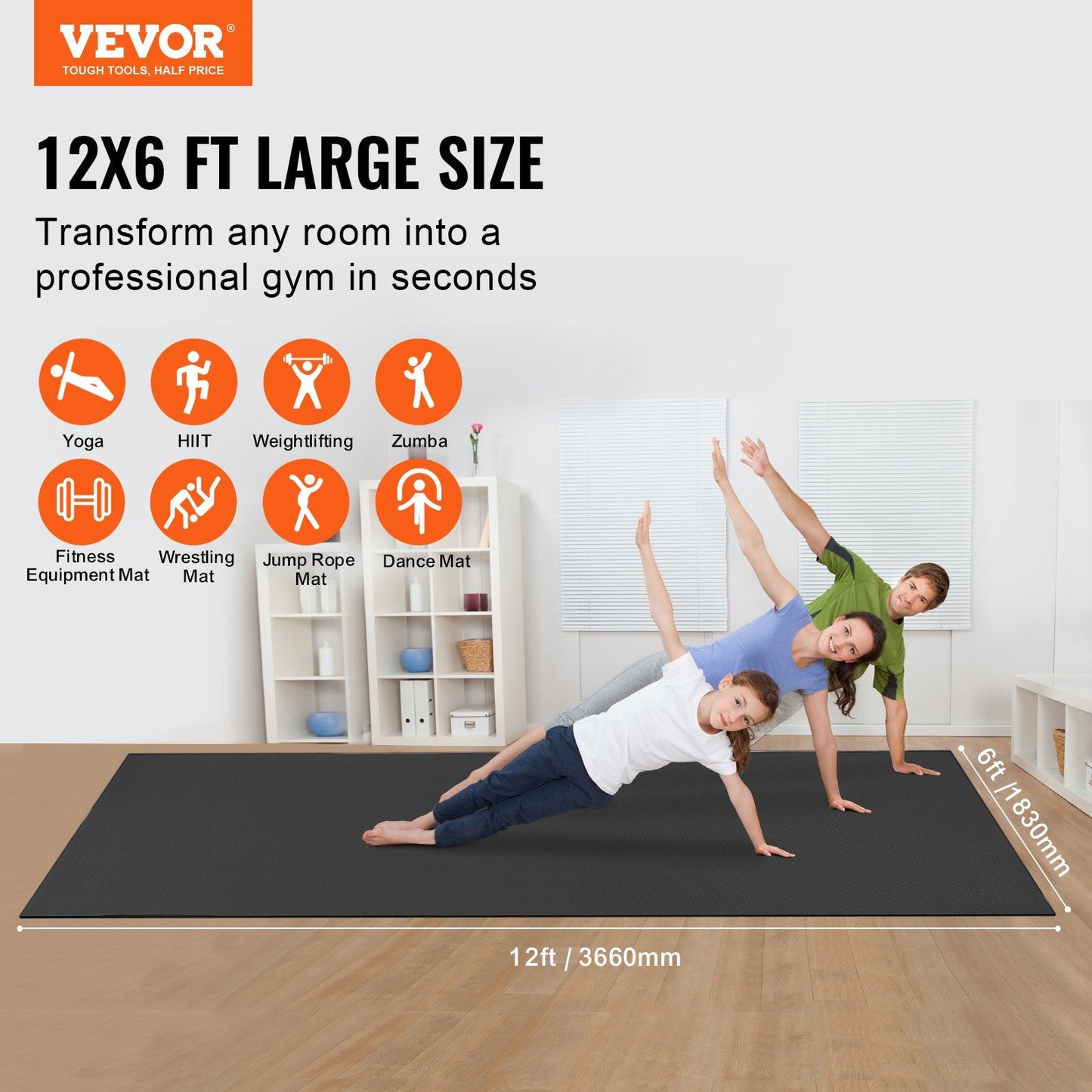 Large High-Density Non-Slip Exercise Mat with Carry Bag, 3.6x1.8m for Home Workouts