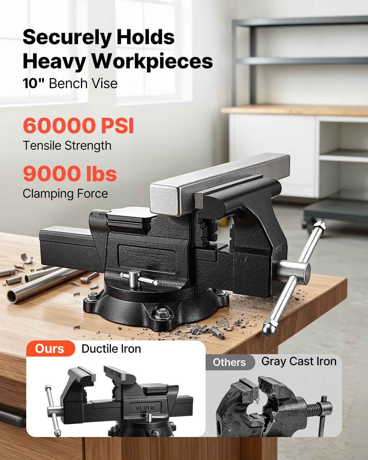 Heavy Duty Bench Vise, 254 mm Jaw Width, Multi-Purpose Ductile Iron Bench Vise with Anvil and 360-Degree Locking Swivel Base, 109 mm Throat Depth, 254 mm Jaw Opening, for Drilling, Pipe Cutting