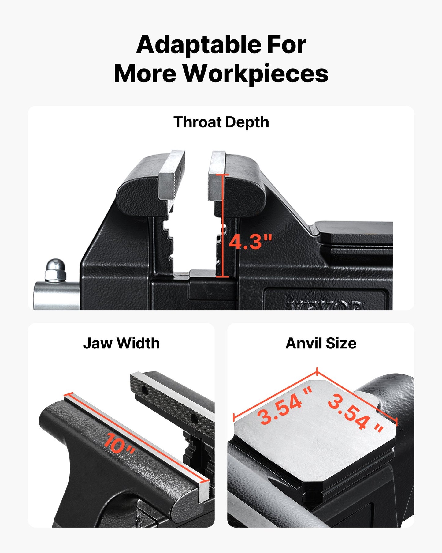 Heavy Duty Bench Vise, 254 mm Jaw Width, Multi-Purpose Ductile Iron Bench Vise with Anvil and 360-Degree Locking Swivel Base, 109 mm Throat Depth, 254 mm Jaw Opening, for Drilling, Pipe Cutting